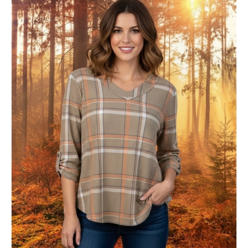 Cato Striped Vneck Waffle Knit Top Tan Size L